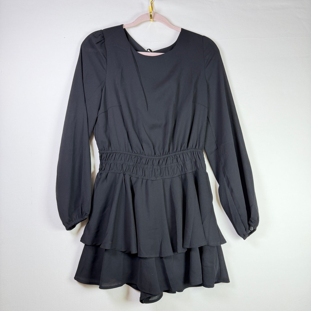 LE LIS Black Tiered Ruffle Open Back Long Sleeve Romper Large